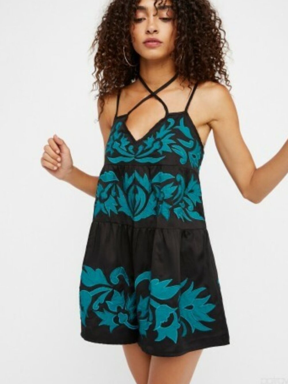 Free People Everblue Romper dress playsuit jumpsuit embroidered Black teal M